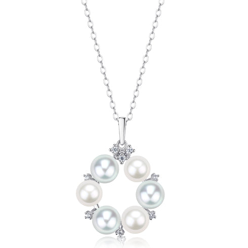Akoya Pearl &Silver Blue Pearl Wreath Pendant Necklace